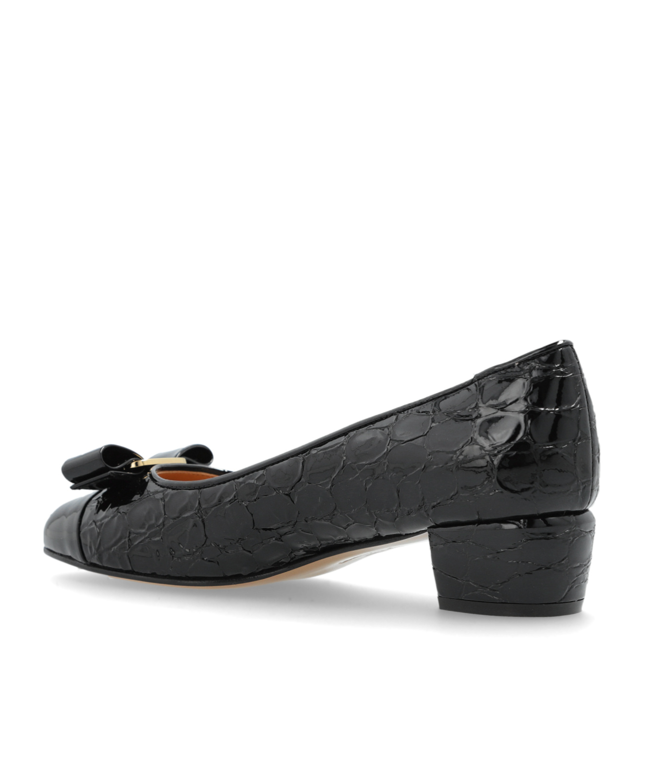 Ferragamo Vara Q Bow-embellished Quilted Patent-leather Pumps In Black