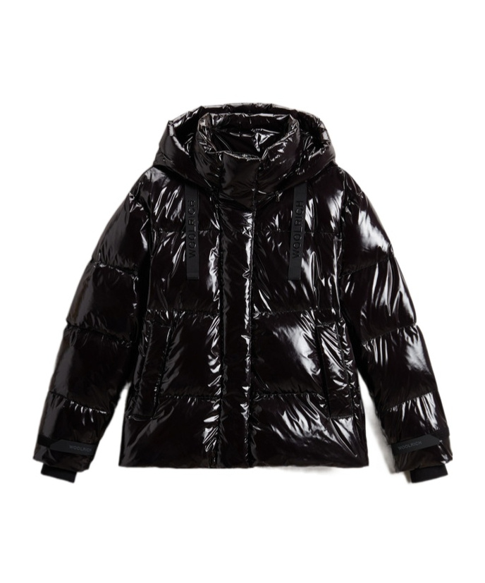 Woolrich Short Parka Glossy Hooded Front Pockets In Black