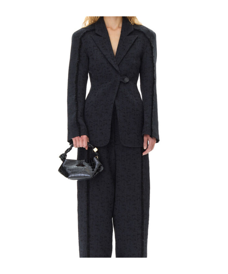 Ganni Tweed Single-breasted Blazer In Black