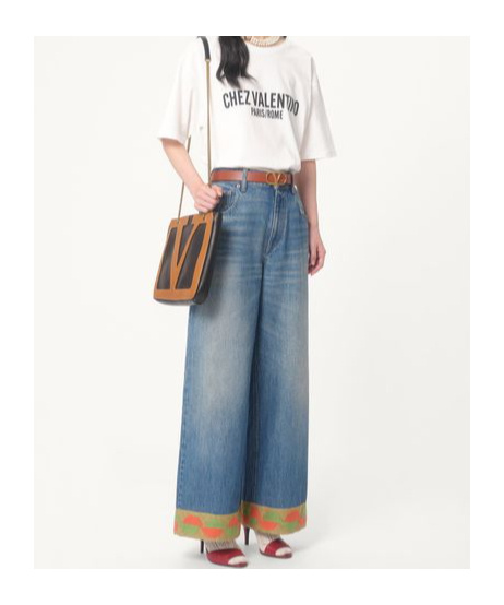 Valentino Garavani Light Blue Jeans With Logo Patch On The Back And Jacquard Cuffs In Denim Woman In Blue