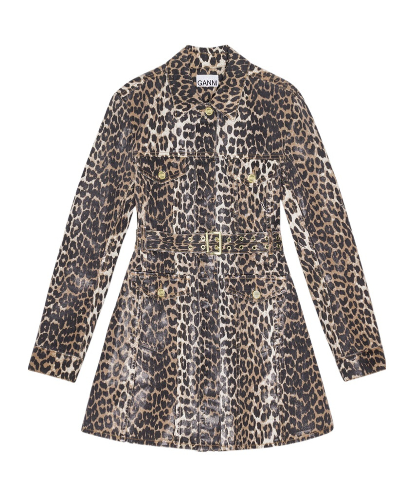 Ganni Foil Print Denim Dress In Leopard In Black