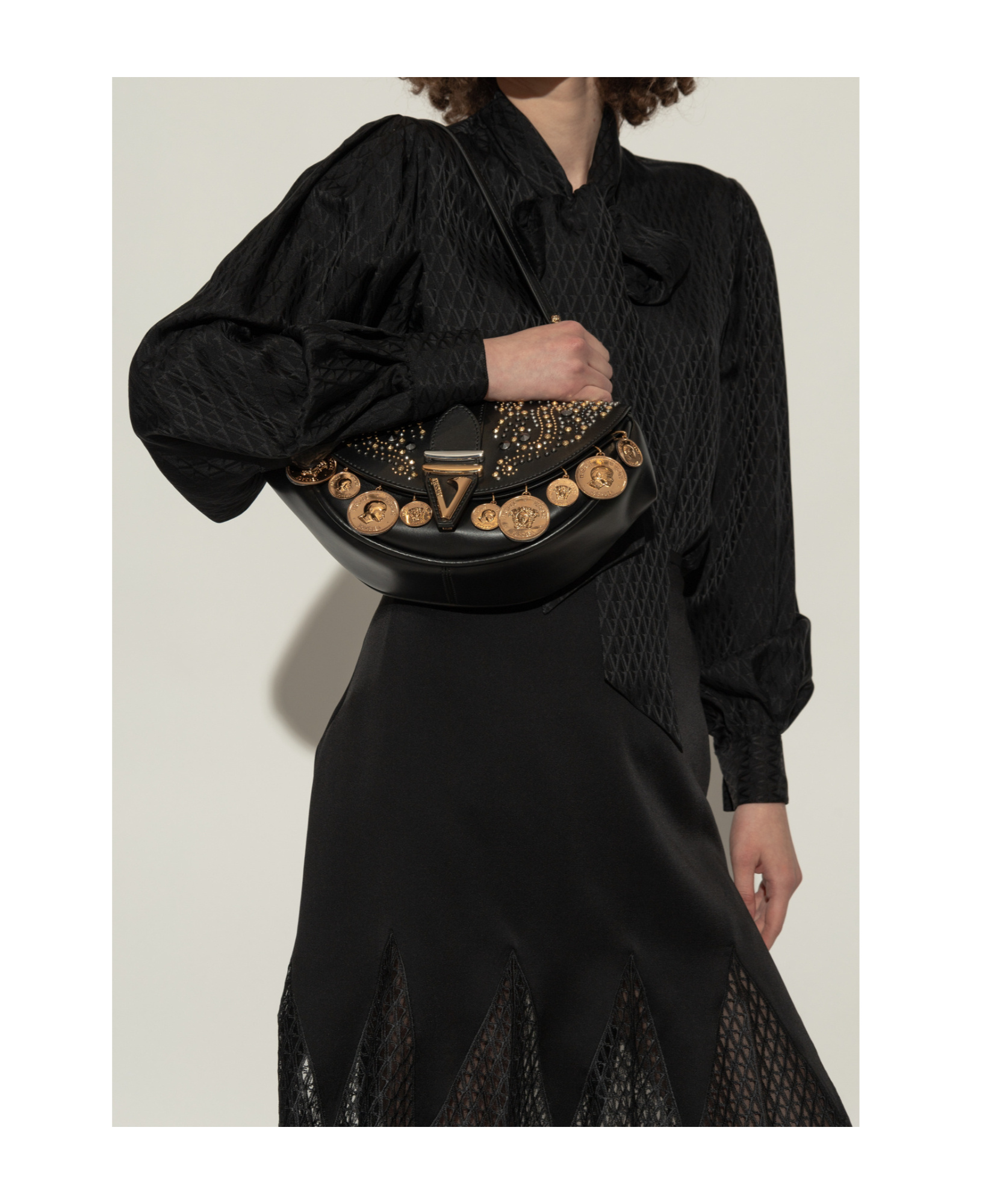 Versace Virtus Medium Coin-embellished Leather Shoulder Bag In Black