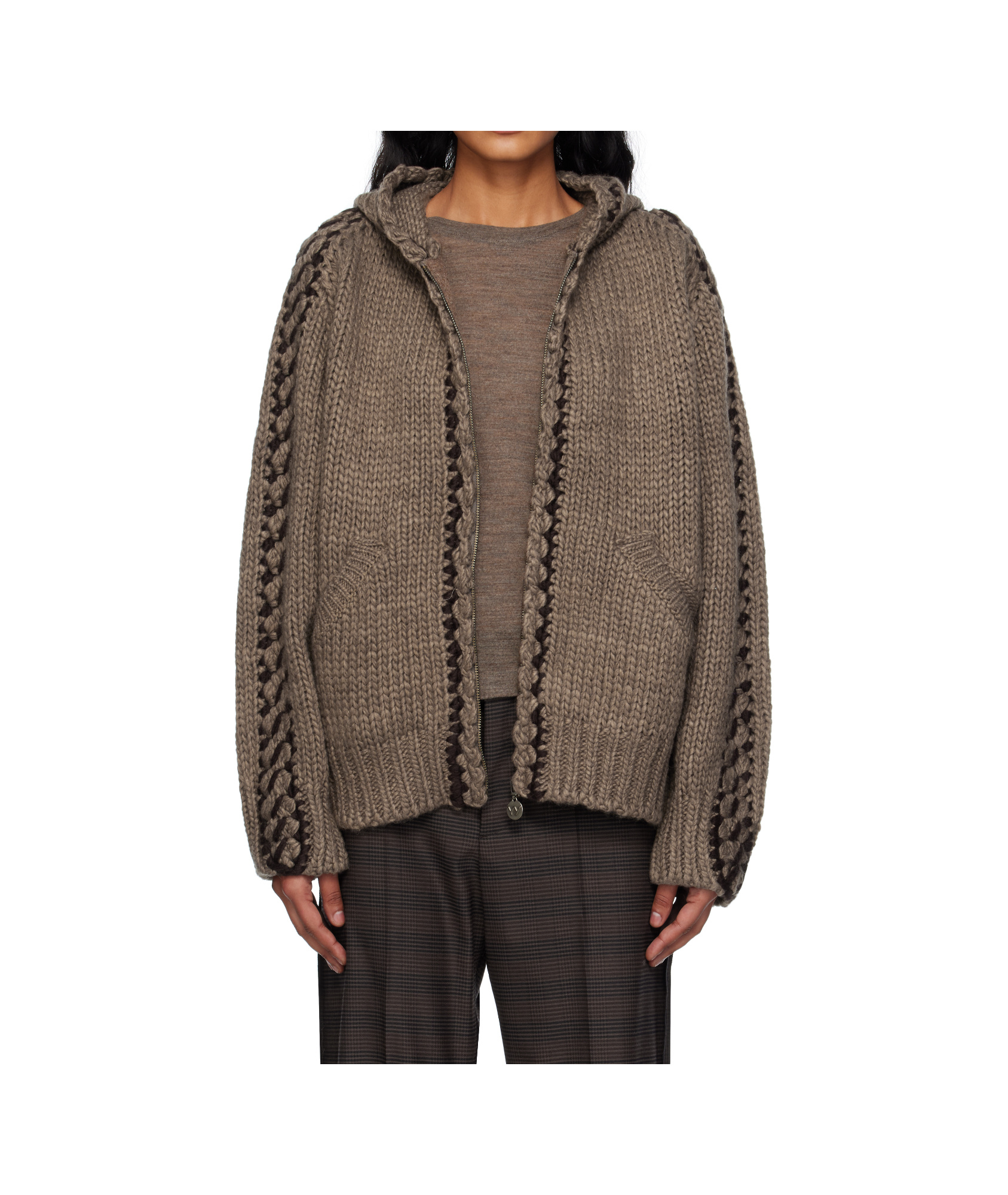 Open Yy Seam-stitched Zip-up Knit Hoodie In Brown
