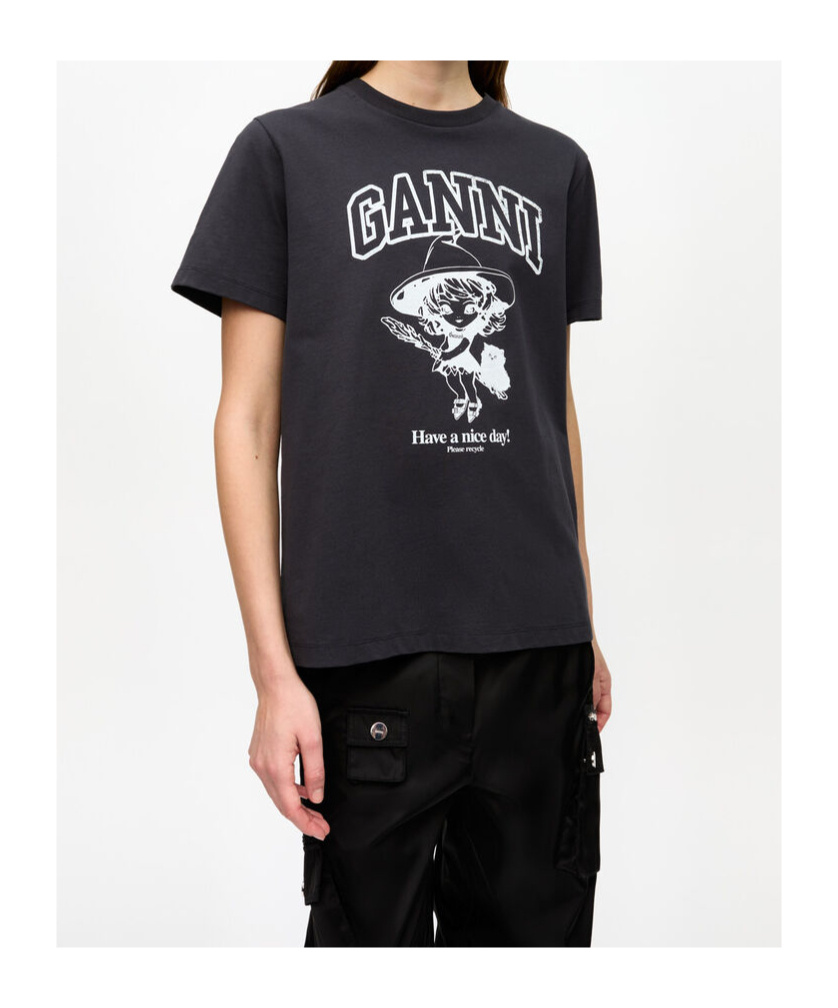 Ganni Black Crewneck T-shirt With Maxi Logo Lettering On The Front And Maxi Print On Front And Rear In Black