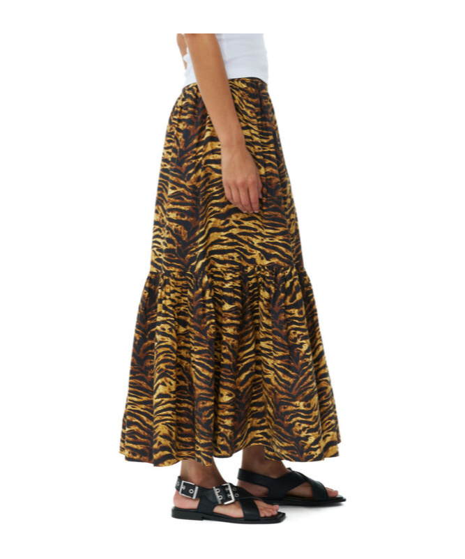 Ganni Tiger-striped Poplin Midi Skirt In Brown