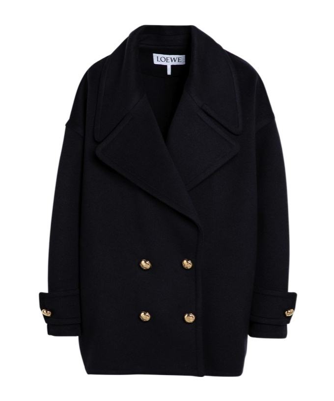 Loewe Double-breasted Wool Peacoat With Notched Collar In Black