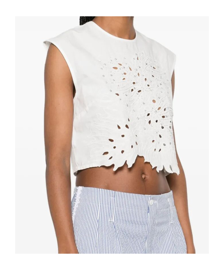 Pinko Crop Top With Openwork Embroidery And Crystals In White