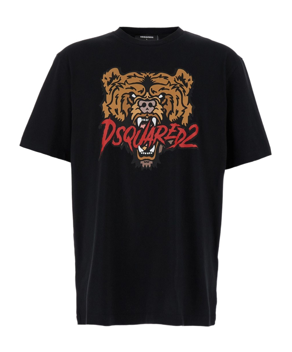 Dsquared2 Black Cotton Regular Fit T-shirt With Bear Print In Black