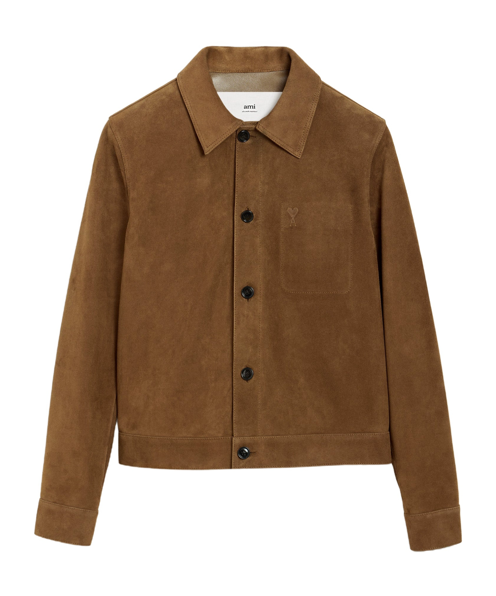 Ami Alexandre Mattiussi Mens Noisette Pointed-collar Embossed-logo Leather Jacket In Brown