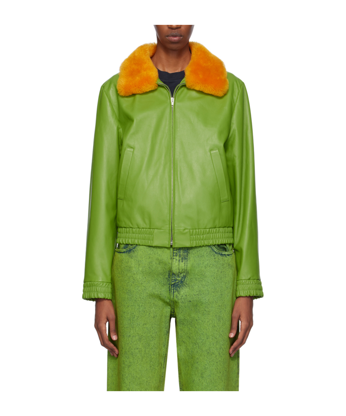 Shop Marni Furry Collar Zipper Leather Jacket In Green
