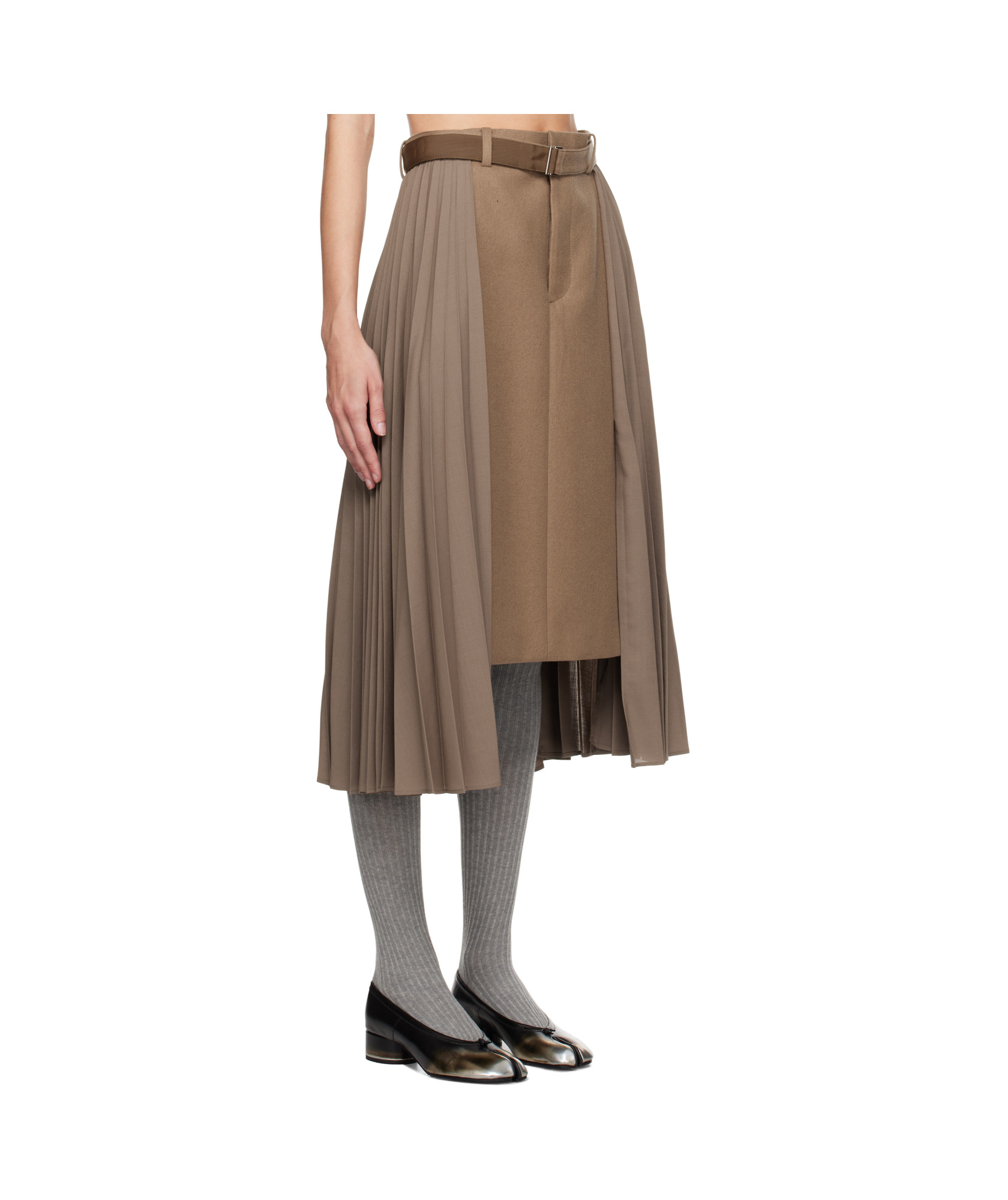 Sacai Khaki Suiting & Wool Melton Midi Skirt In Brown