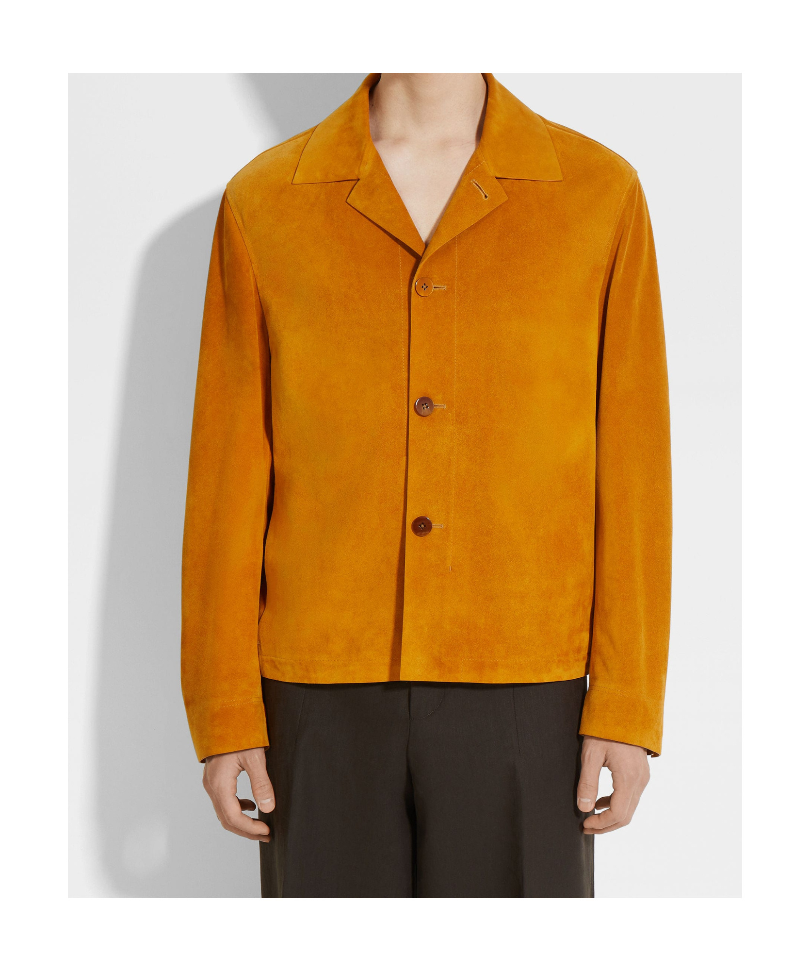Zegna Ocher Leather Regular Fit Shirt Jacket In Orange
