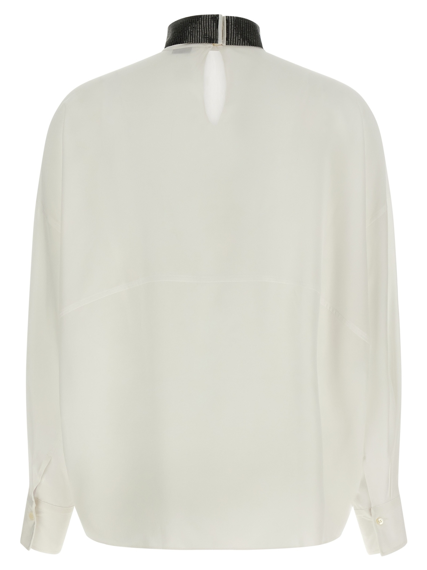 Brunello Cucinelli Silk Blouse With High Collar And Keyhole Back In Neutral