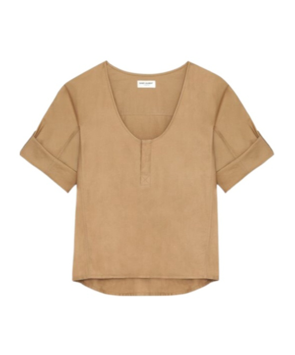 Saint Laurent Henley Twill-weave Blouse In Nude