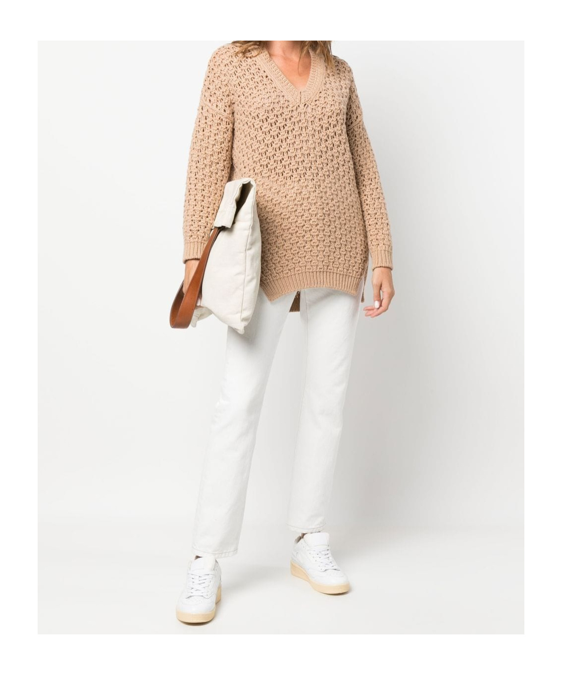 Agnona Beige Open-knit Sweater With V-neckline In Nude