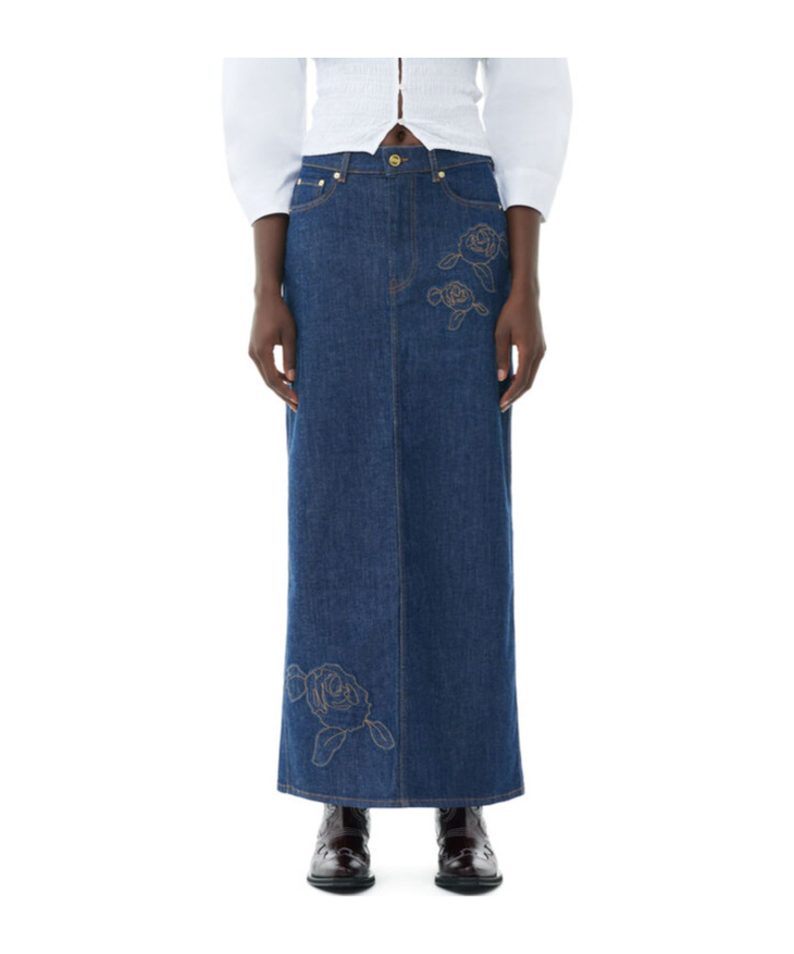 GANNI DENIM ROSE MAXI SKIRT 