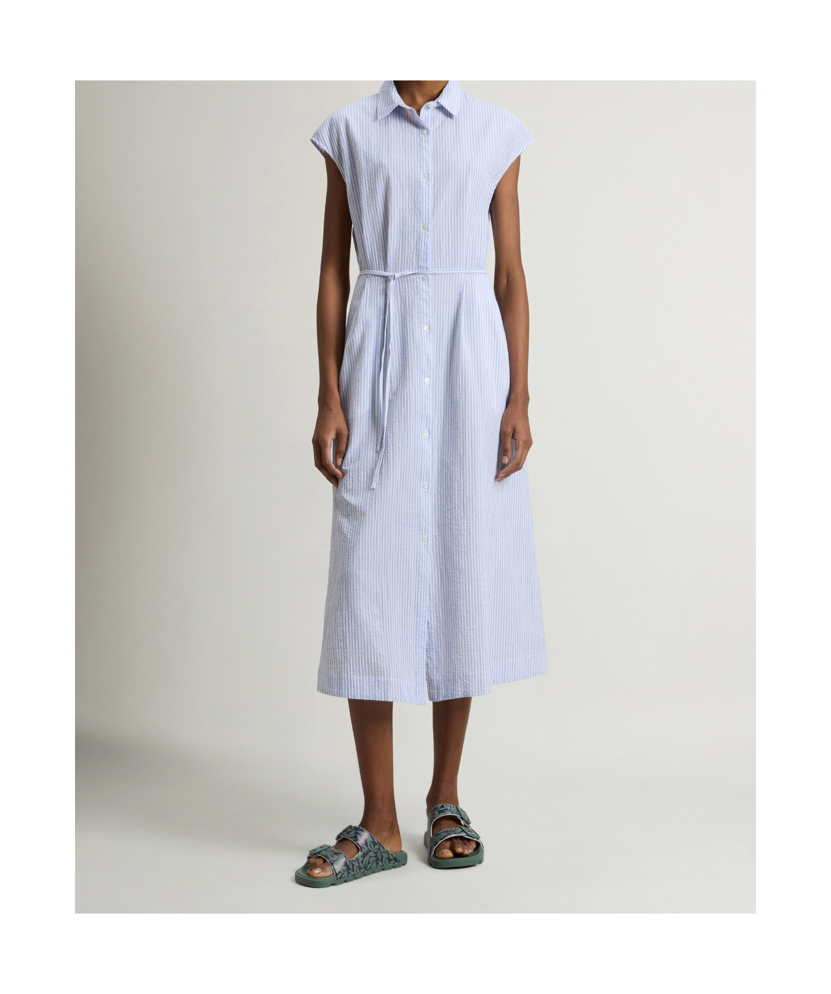 Woolrich Button-down Midi Dress With Fitted Waist And Flowing Skirt In Blue