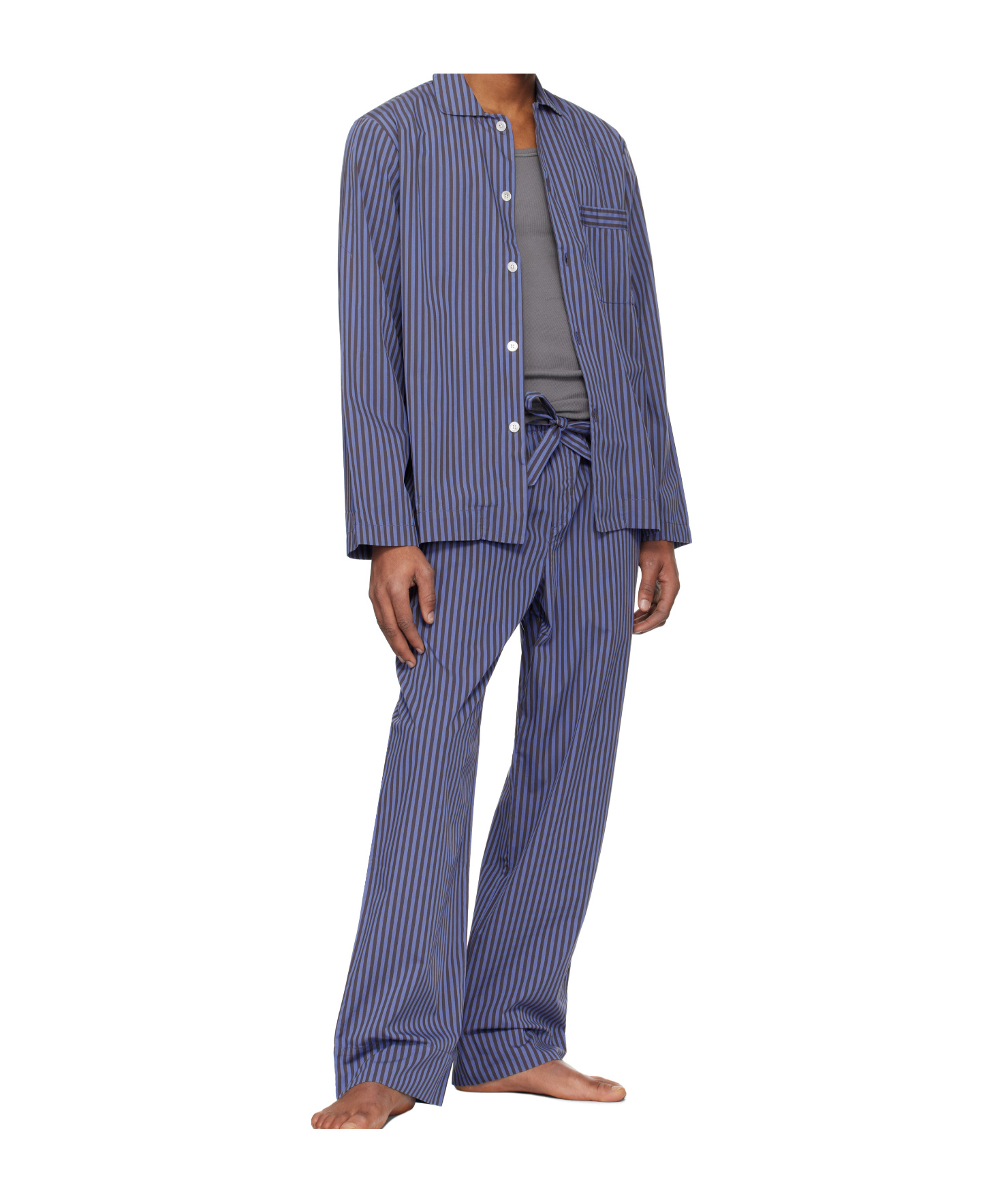 Tekla Camp-collar Striped Organic Cotton-poplin Pyjama Shirt In Blue