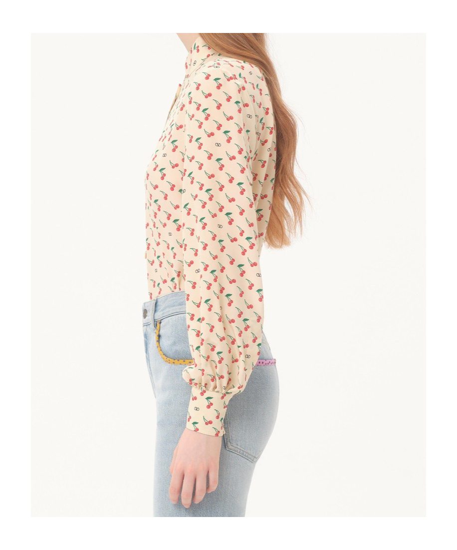 Valentino Crepe De Chine Shirt With Cherryfic Print In Neutral