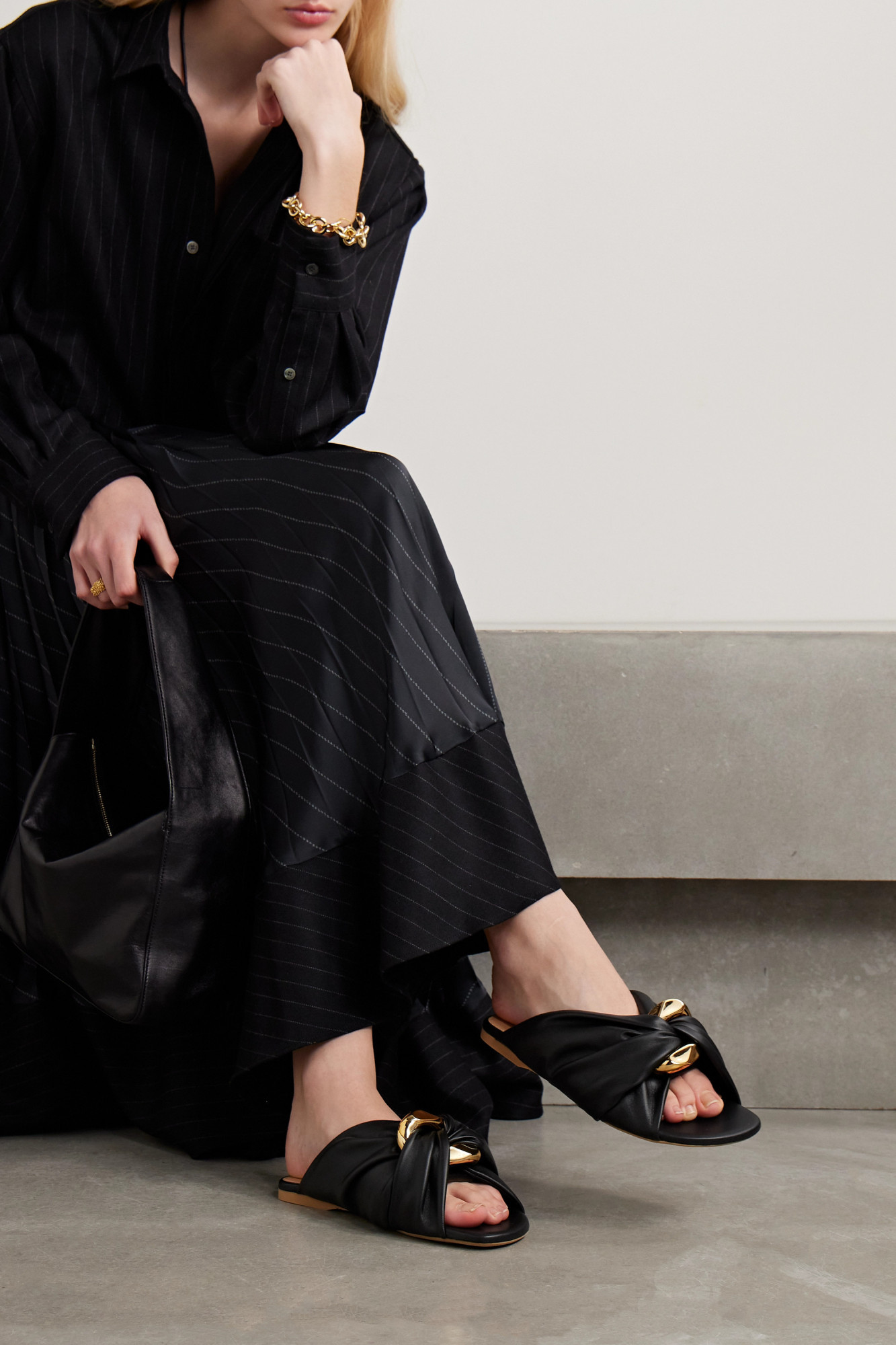 Jw Anderson Corner Chain-embellished Gathered Leather Slides In Black