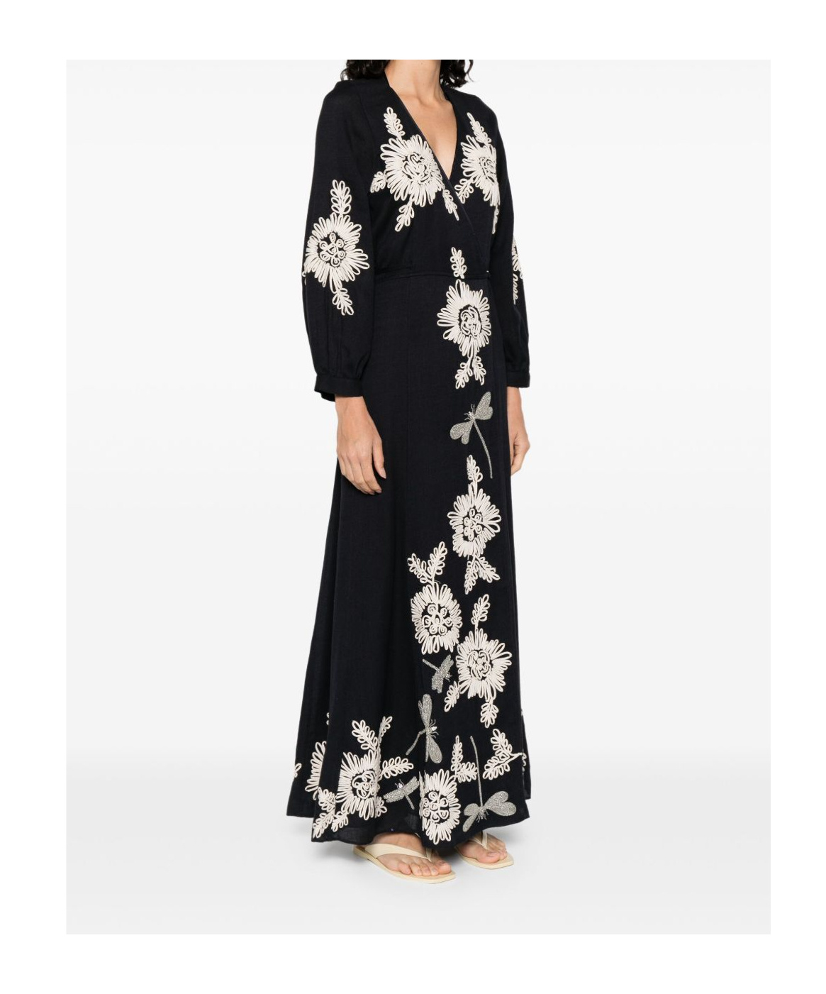 Forte Forte Wrap-style Black Maxi Dress With Floral Embroidery In Blue