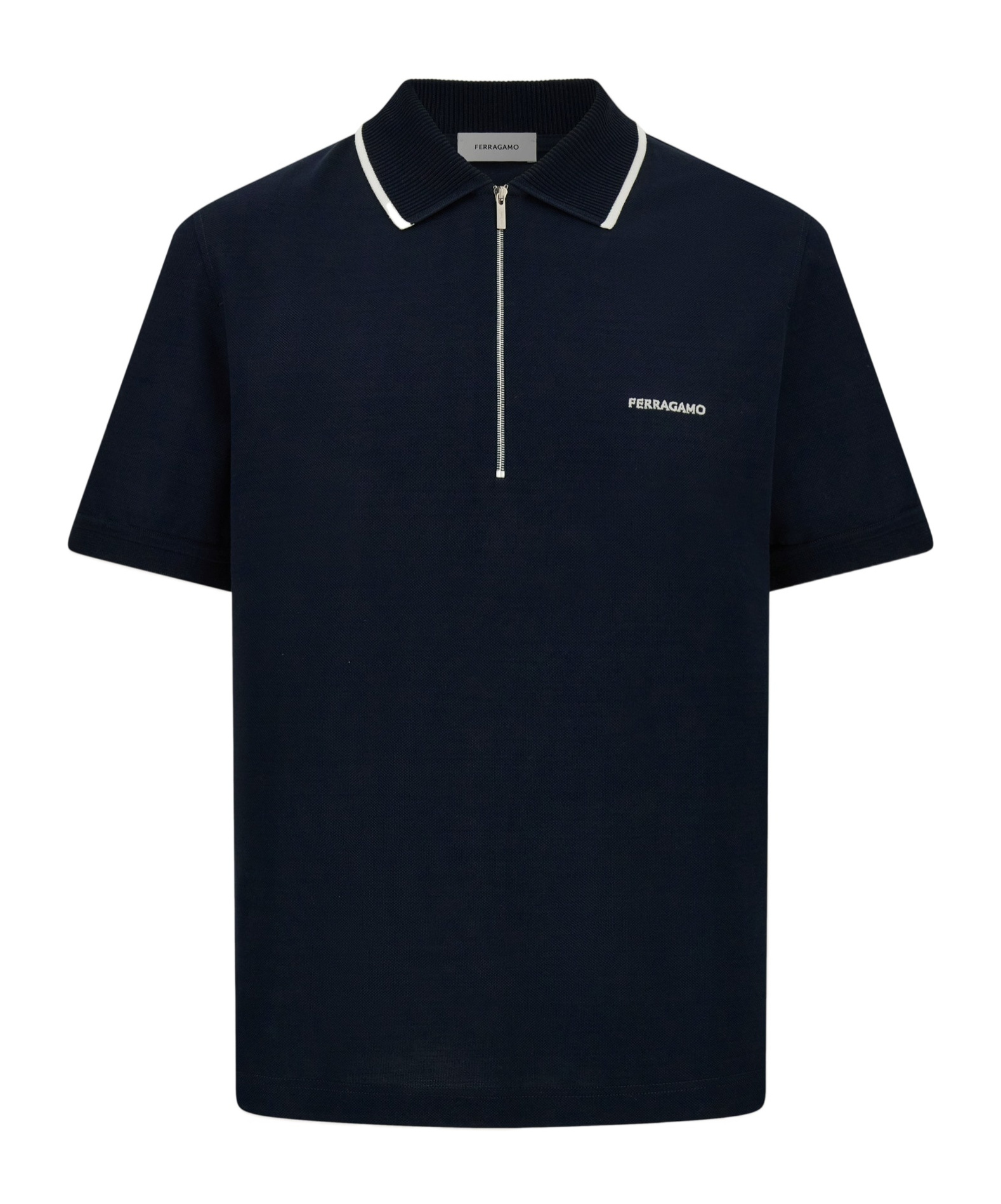 Ferragamo Cotton Polo Shirt With Zip Closure In Blue