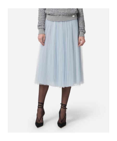Elisabetta Franchi Midi Skirt With Gold Chain And Pleats In Silver