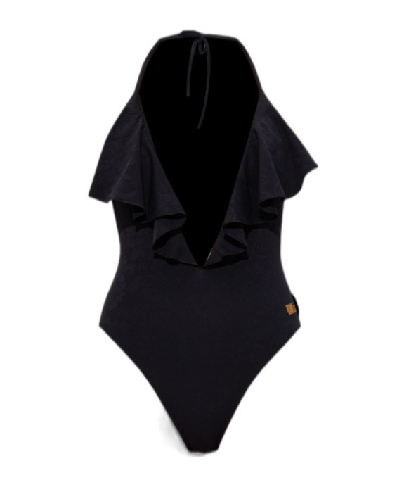 Balmain Ruffled Halterneck Swimsuit In Black