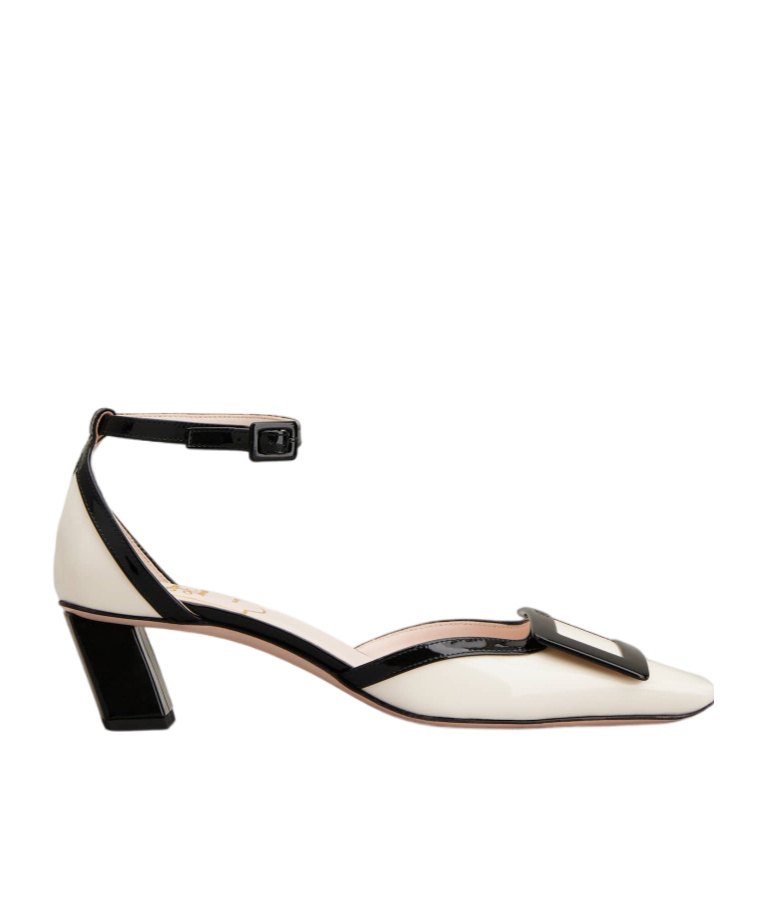 ROGER VIVIER BELLE VIVIER ANKLE STRAP LACQUERED BUCKLE PUMPS IN PATENT LEATHER 