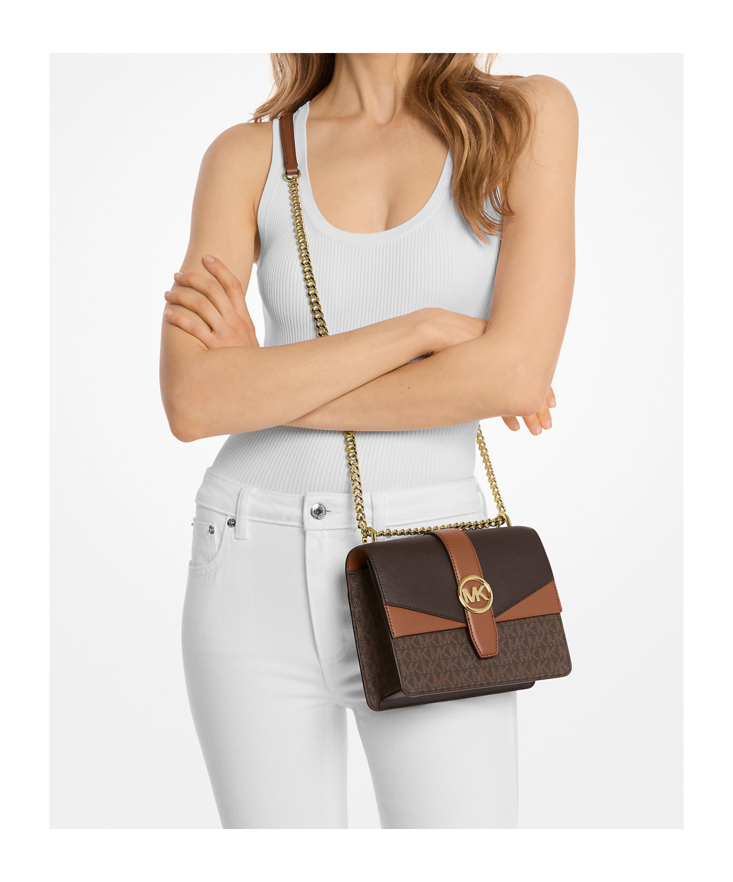 Michael Kors Greenwich Small Color-block Signature Logo Crossbody Bag In Brownmulti