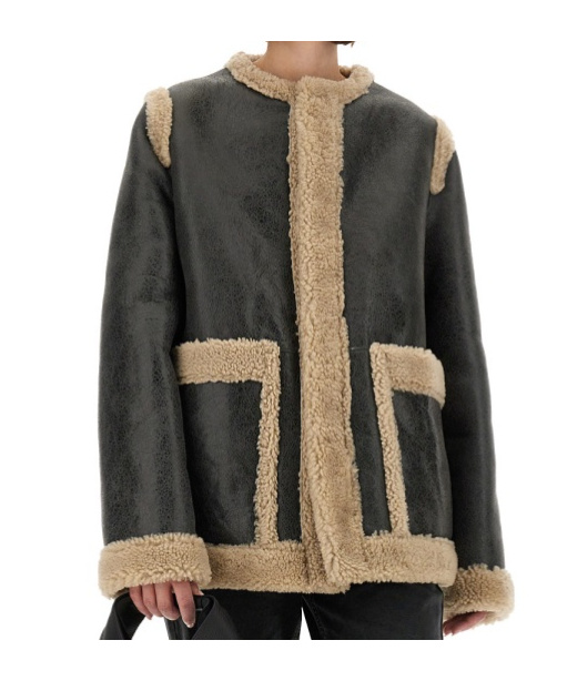 Mm6 Maison Margiela Mm6 By Maison Margiela Textured Black Shearling Jacket With Plush Trim In Black