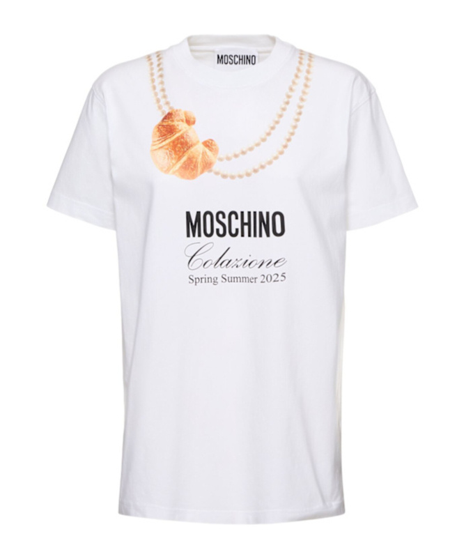 Moschino White Cotton T-shirt With Croissant And Pearls Print In White