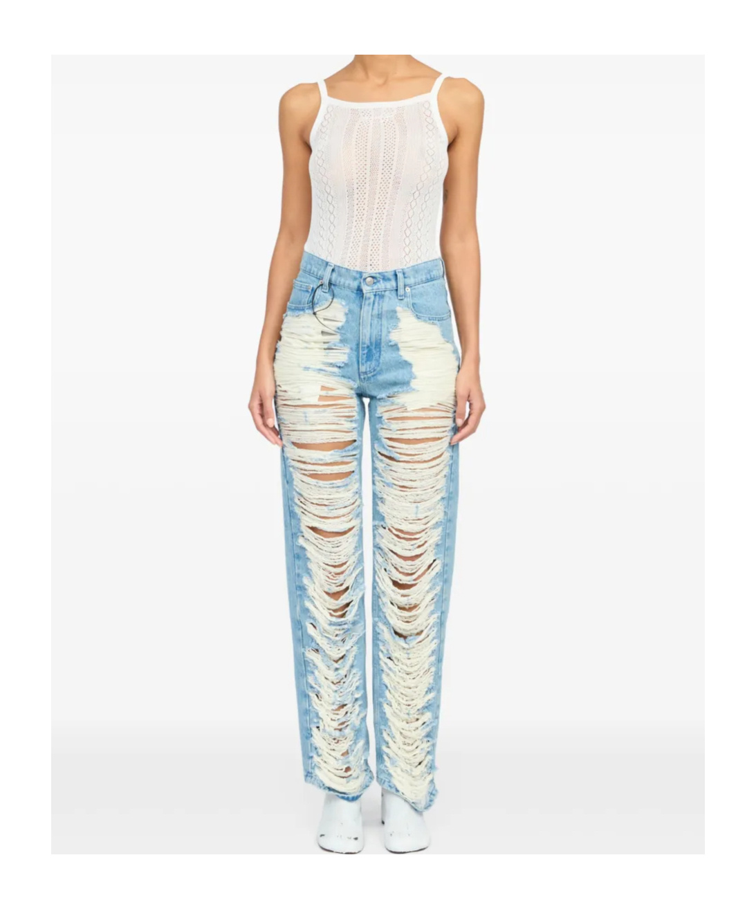 Mm6 Maison Margiela Mm6 By Maison Margiela Distressed Straight Leg Denim Jeans With White Stitching In White