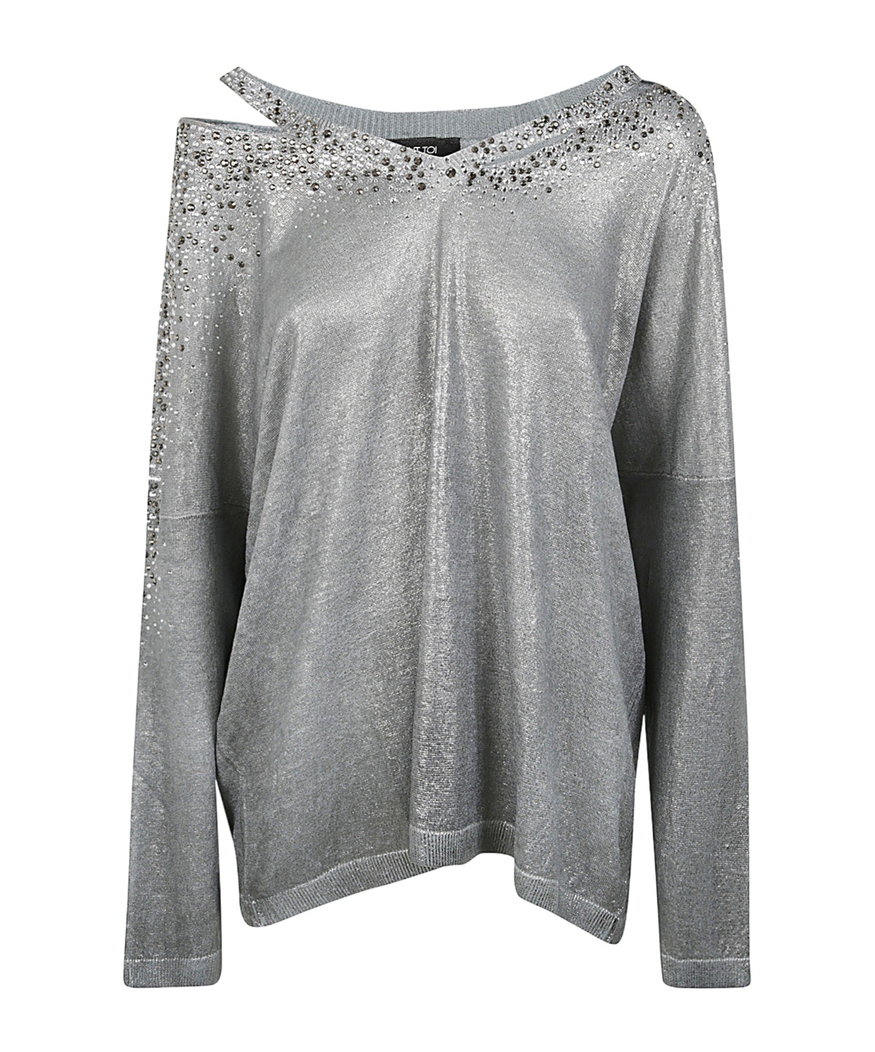 Avant Toi Linen Cotton V-neck Pullover With Lamination And Strass In Gray