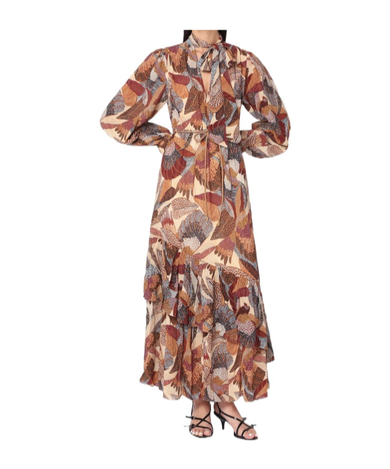 Farm Rio Long Dress With Cream-colored Print In Multi