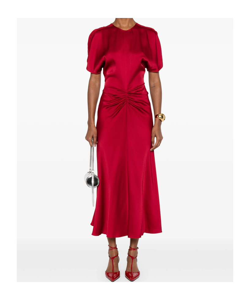 Victoria Beckham Red Crewneck Midi Dress With Gathered Waist And Rear Zip Closure In Red