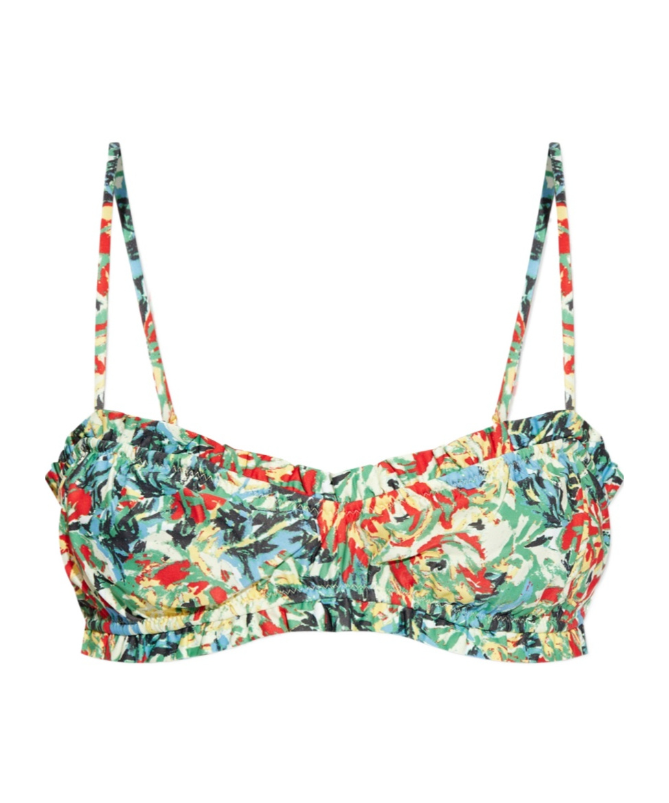 Shop Ganni Recycled Printed Ruffle Bandeau Bikini Top In Multicolor