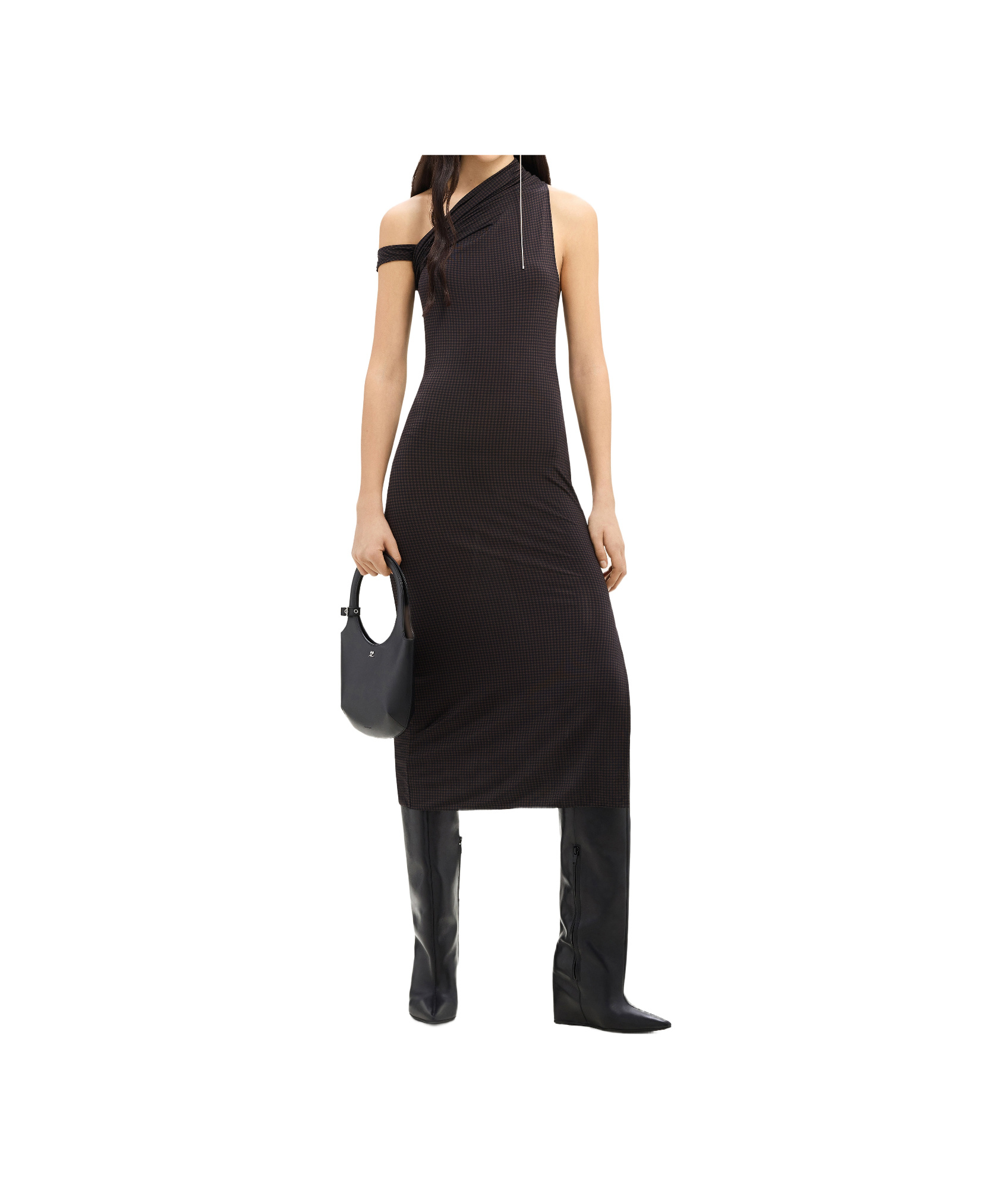 Courrèges Houndstooth Draped Midi Dress In Black