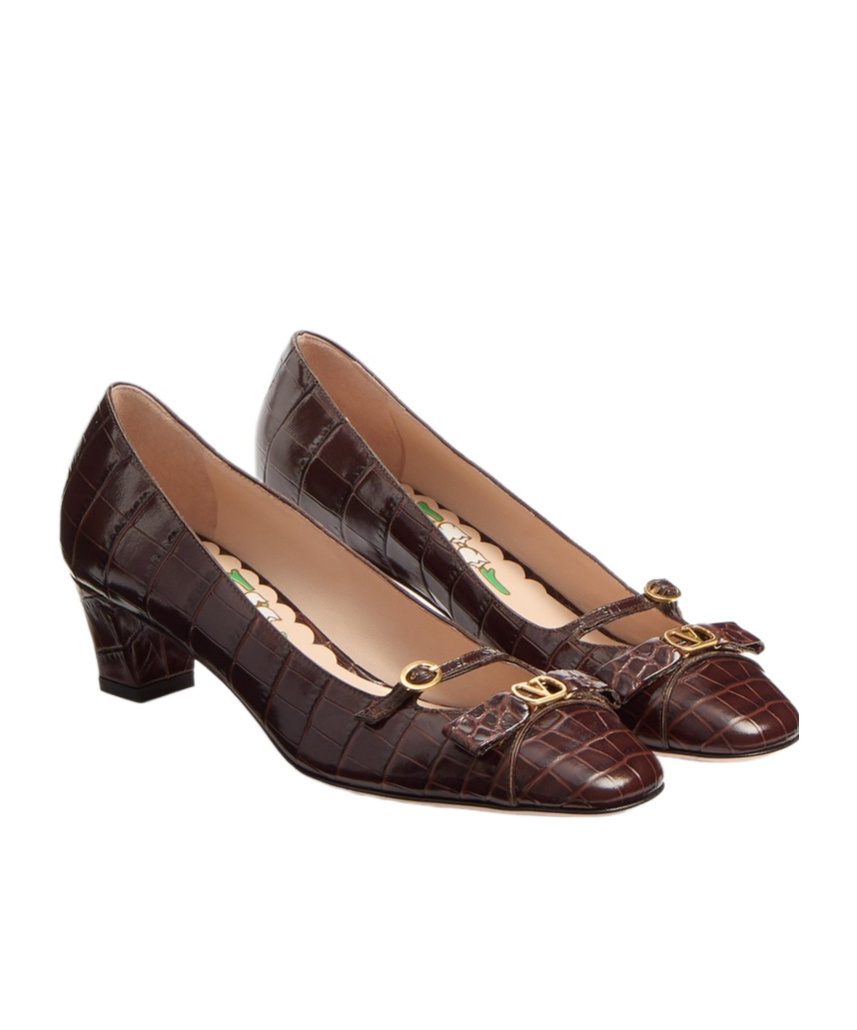 Valentino Brown Crocodile Effect Calfskin Pumps With Bow And Medium Heel In Black