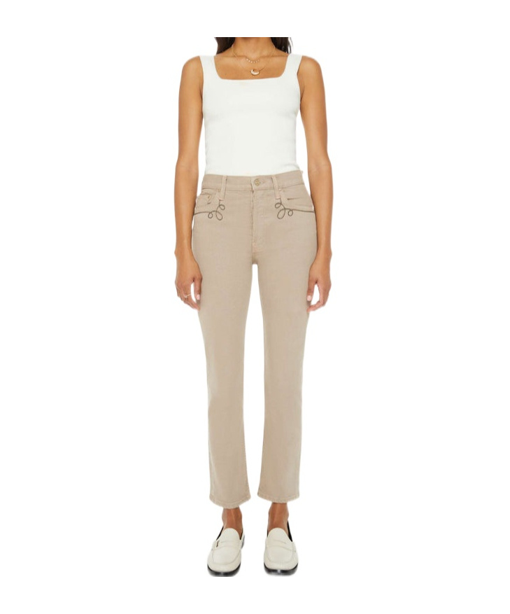 Mother Straight Trousers With Embroidered Detail And Pockets In Nude