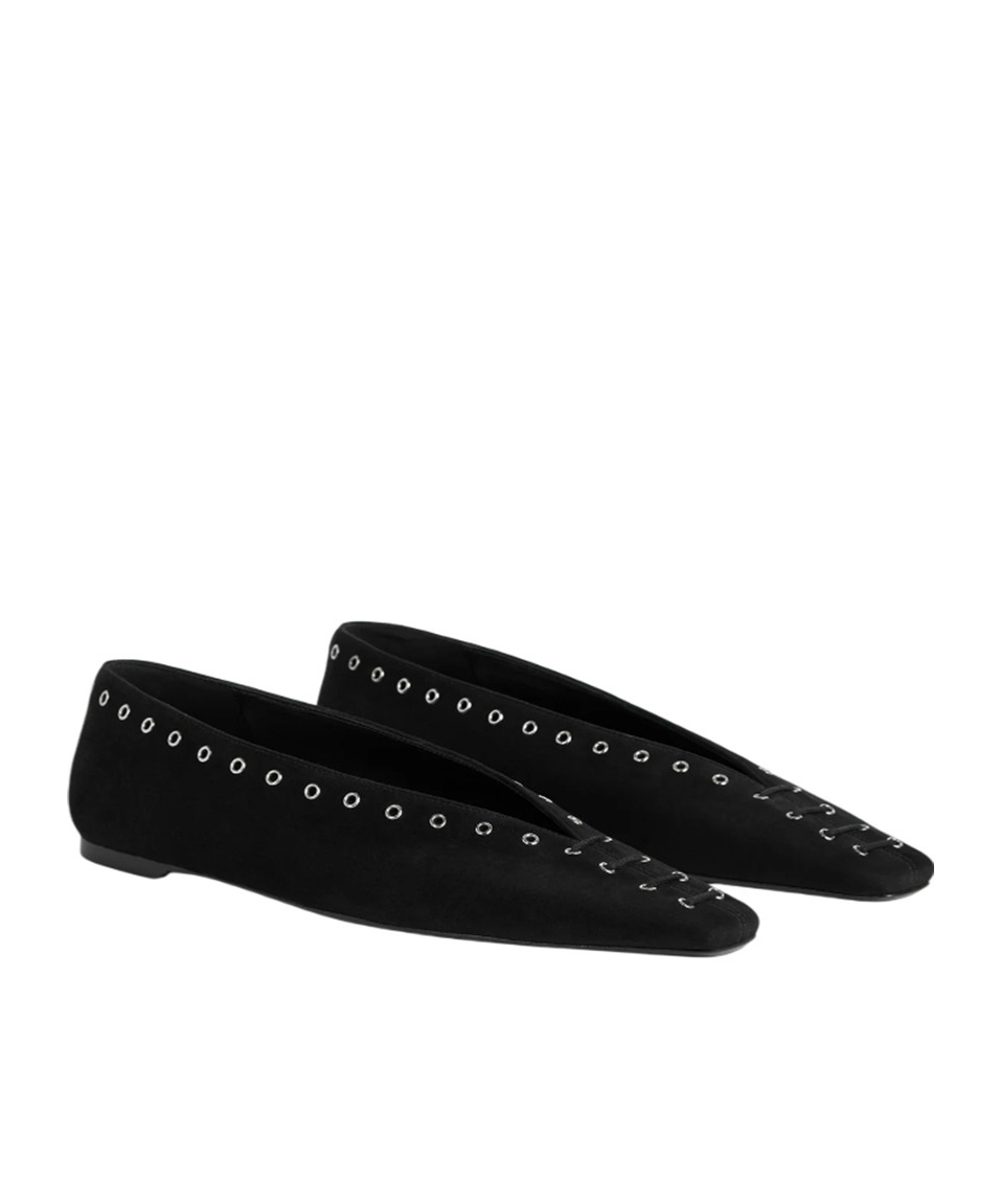 Totême Lace-up Eyelet-embellished Suede Ballet Flats In Black