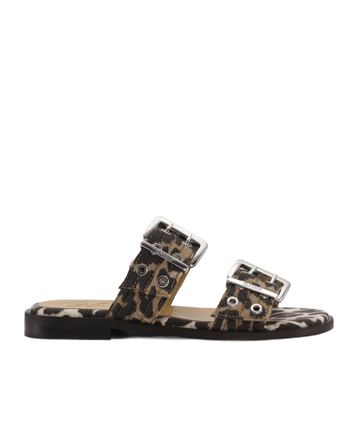 Ganni Leopard Print Buckle Slide Double Strap In Black