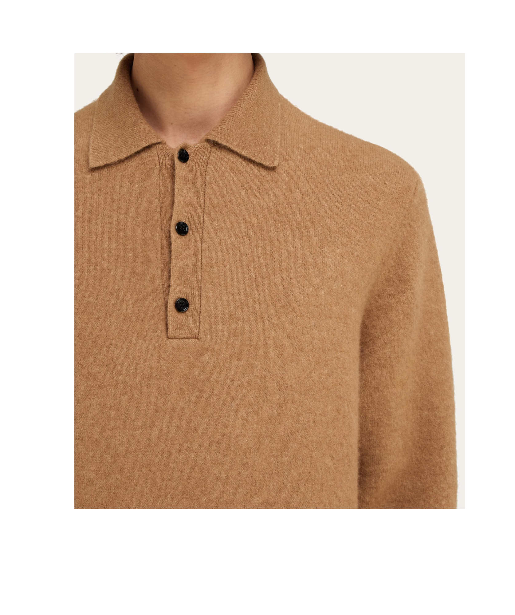 Ferragamo Long Sleeved Camel And Silk Polo Shirt In Brown