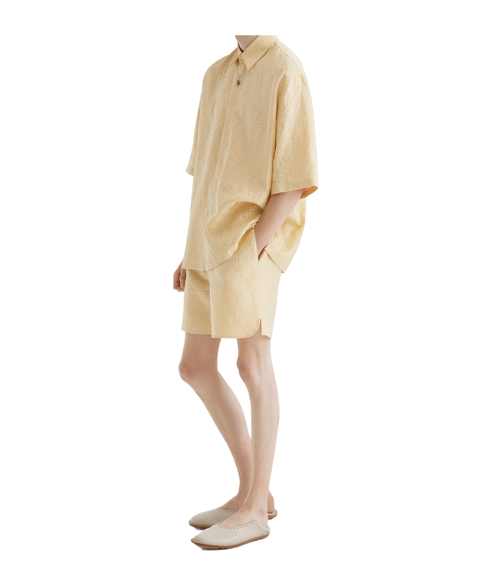Fendi Jacquard Linen And Cotton Bermuda Shorts With All-over Ff Motif In Neutral