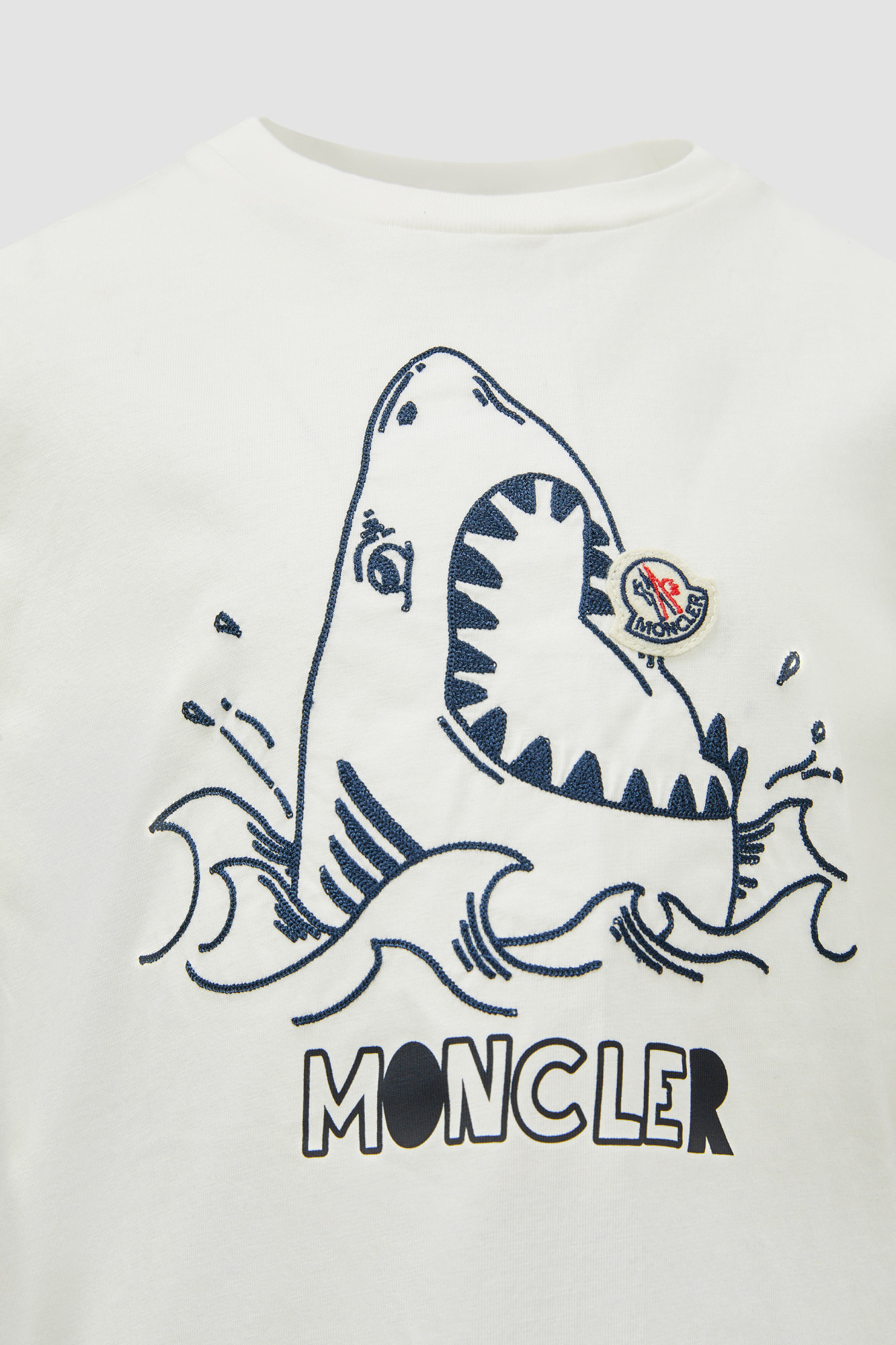 Moncler Embroidered Shark Motif Cotton Jersey T-shirt In White