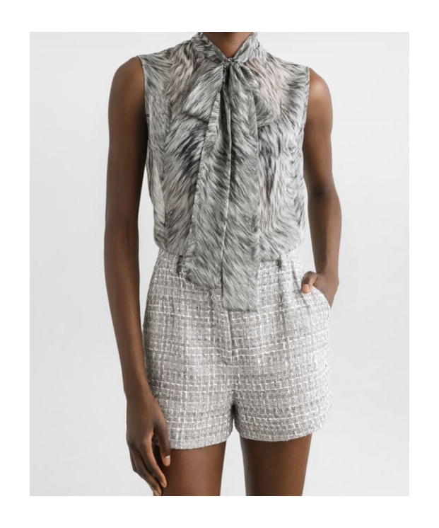 Dolce & Gabbana Shirt With Bow In Chiffon Print Fur In Gray