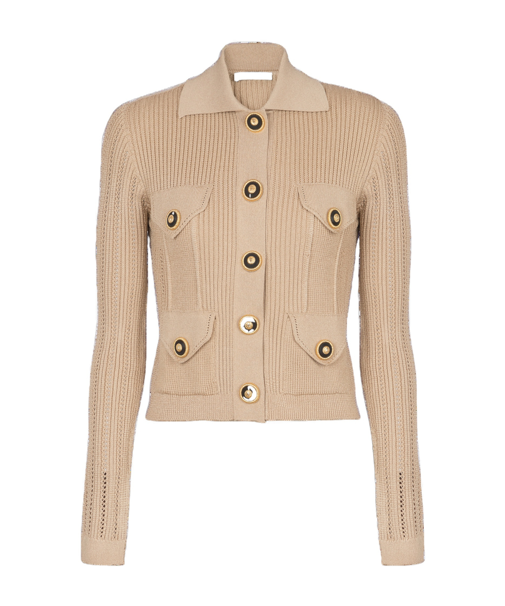 Shop Balmain Cropped Ribbed Knit Cardigan With Openwork Details In Nude