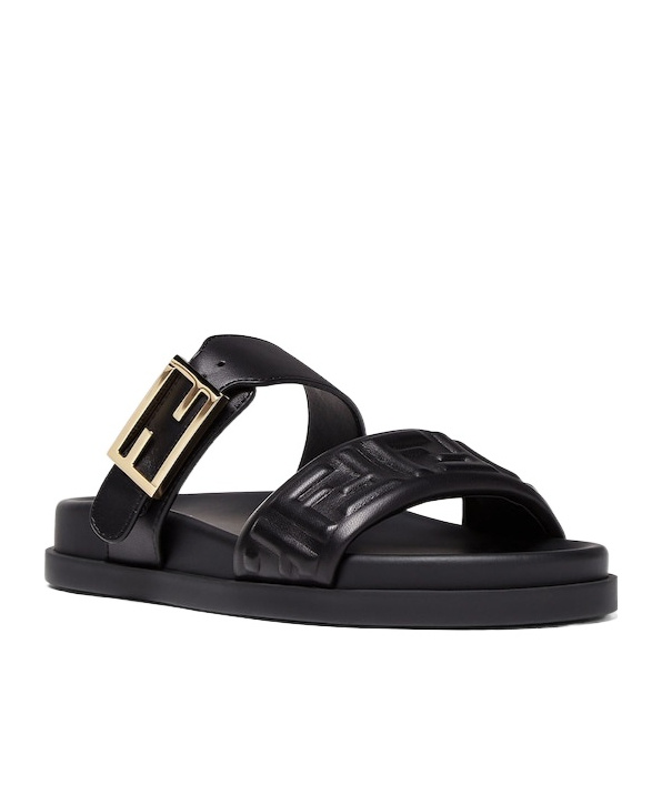 Fendi Nappa Leather Feel Double-band Slides Shoes In Black