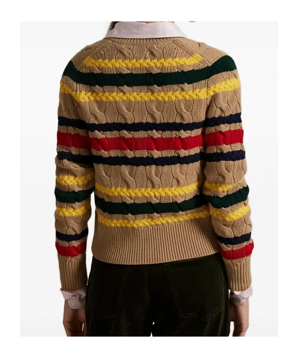 Polo Ralph Lauren Striped Cable Knit Cardigan With Ribbed Cuffs And Hem In Brown