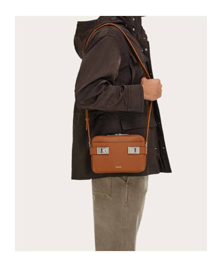 Ferragamo East-west Crossbody Bag With Gancini Buckles In Brown